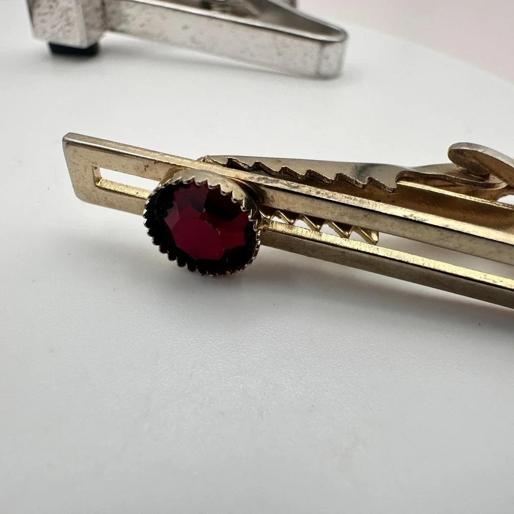 Vintage 80s Men's Tie Bar Clips Set Gold & Silver Tone Glass Stone Retro Jewelry